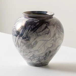 Twisted Glaze Blurred Ceramic Jar Vase in Grey and Blue — front view