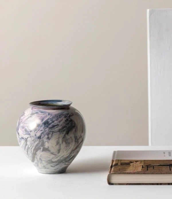 Twisted Glaze Blurred Ceramic Jar Vase in Grey and Blue — in a room setting