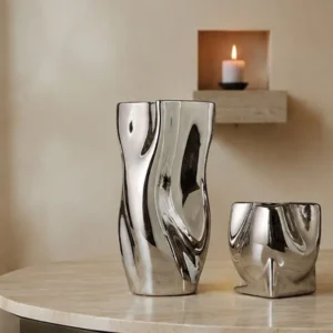 Twisted Pleated Silver-Plated Ceramic Vases, Wave and Pocket in silver — front view