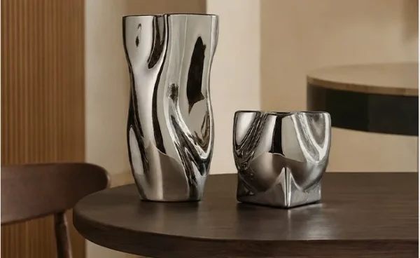 Twisted Pleated Silver-Plated Ceramic Vases, Wave and Pocket in silver — in a room setting