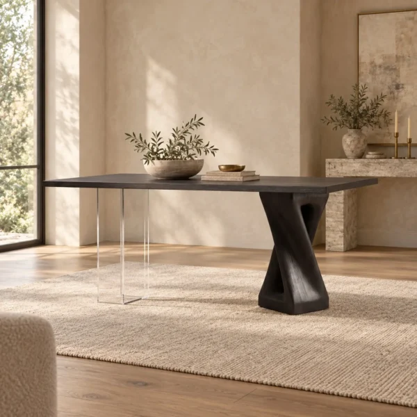 Smoked Black Wood Table in black — in a room setting