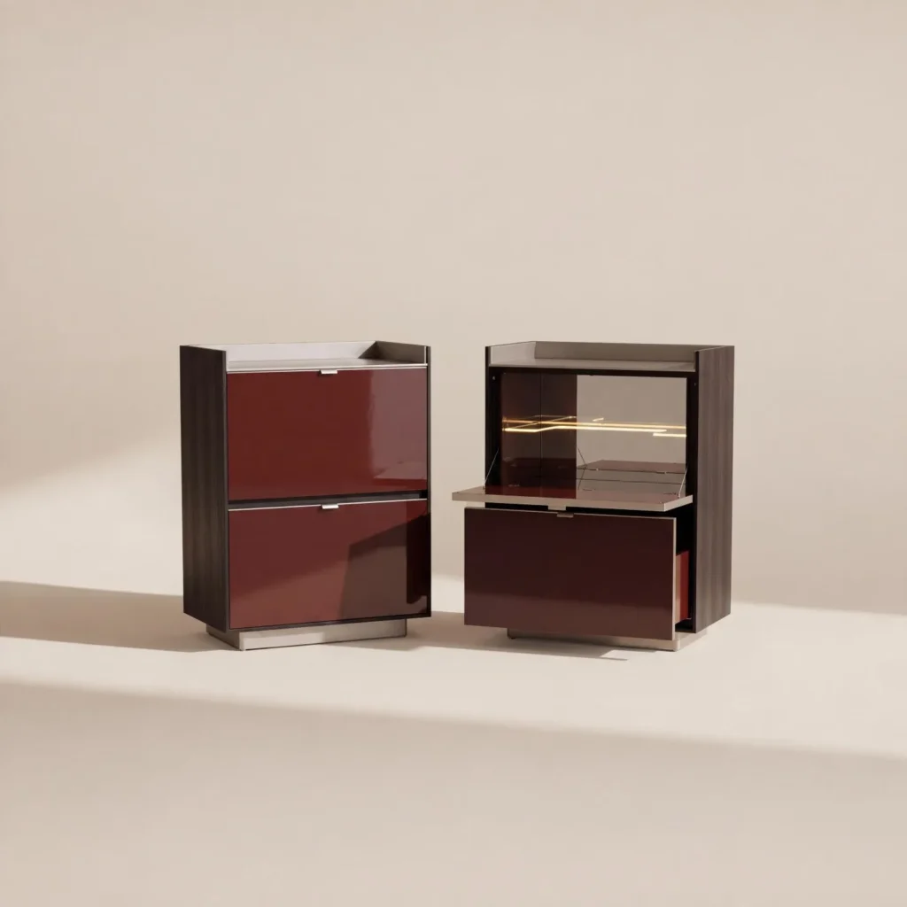 Two-Tone Modular Cabinets with Wine-Red Gloss Flip Doors in burgundy — front view
