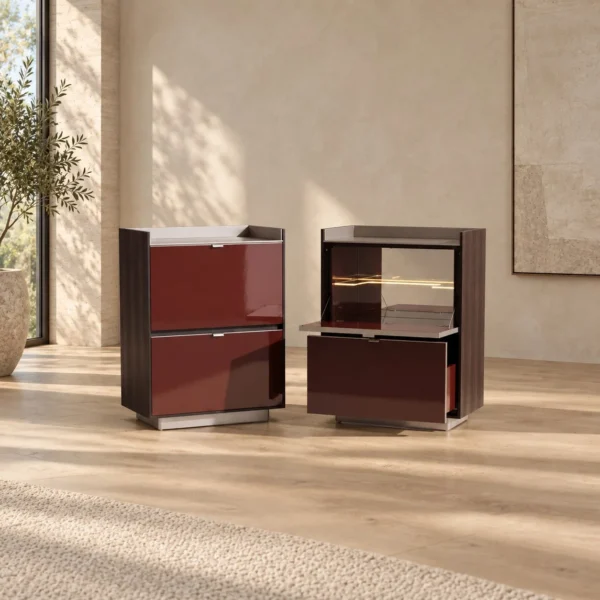 Two-Tone Modular Cabinets with Wine-Red Gloss Flip Doors in burgundy — in a room setting