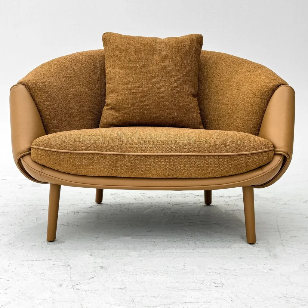 Caramel Two-Tone Leather and Fabric Curved Lounge Chair — front view