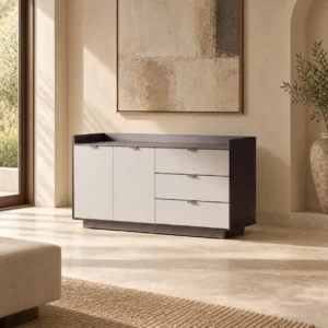 Two-Tone Smoked Veneer and Grey Sideboard with Three Drawers in black — in a room setting