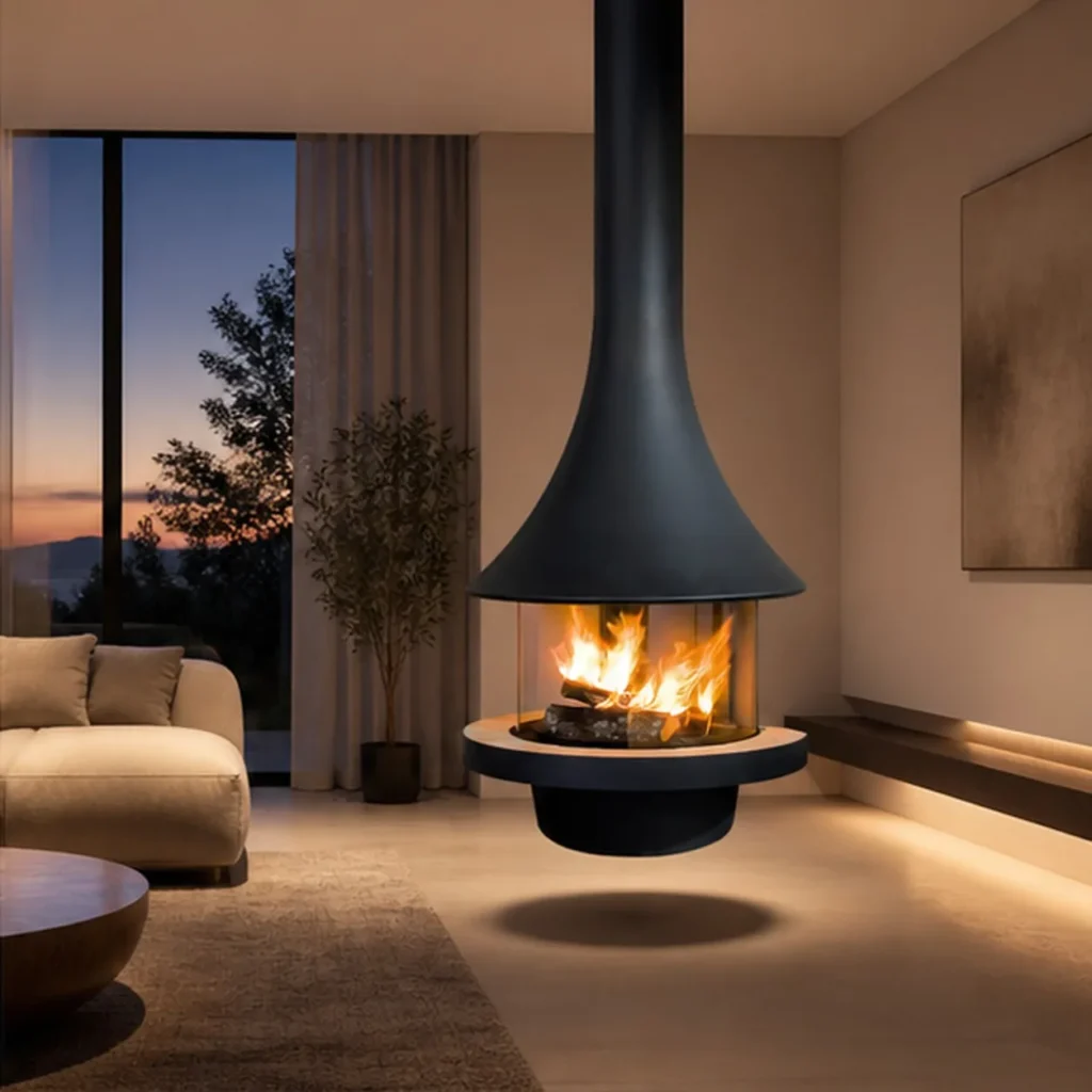 Tyreek Suspended Trumpet Fireplace with Floating Tray, 90 cm in black — front view
