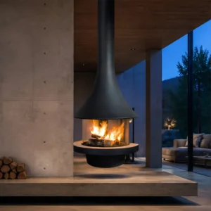 Tyreek Suspended Trumpet Fireplace with Floating Tray, 90 cm in black — in a room setting