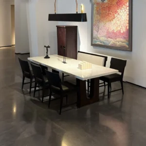 Uccle Marble Dining Table on Architectural Base in oatmeal — front view