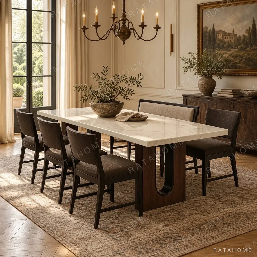 Uccle Marble Dining Table on Architectural Base in oatmeal — in a room setting