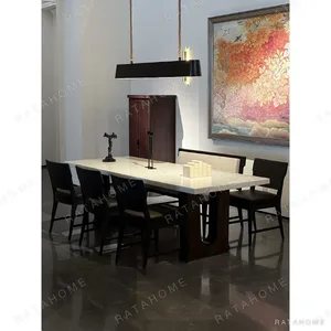 Uccle Marble Dining Table on Architectural Base in oatmeal — in a room setting