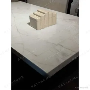 Uccle Marble Dining Table on Architectural Base in oatmeal — in a room setting