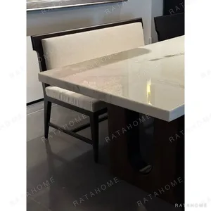 Uccle Marble Dining Table on Architectural Base in oatmeal — in a room setting