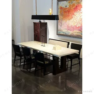 Uccle Marble Dining Table on Architectural Base in oatmeal — in a room setting