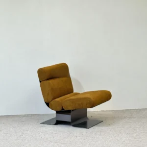 Ochre Chenille Lounge Chair on Folded Steel Base, 66 cm in mustard — front view