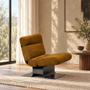Ochre Chenille Lounge Chair on Folded Steel Base, 66 cm in mustard — in a room setting