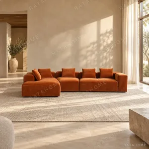 Understated Statement Sectional in Caramel Orange Velvet — in a room setting
