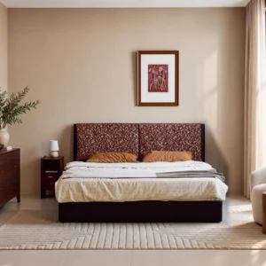 Shawl Bed with Patterned Down Cushions in burgundy — front view