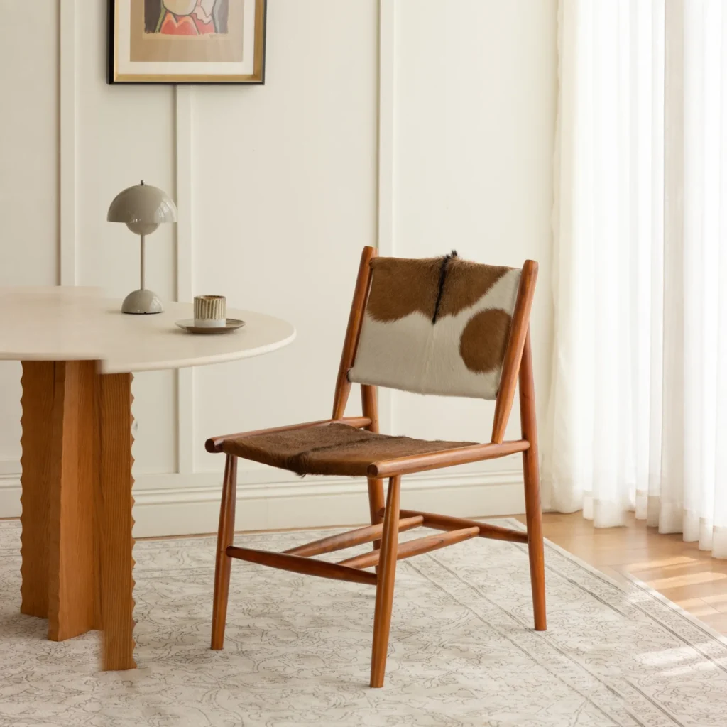 Goat Hide Teak Chair with Woven Seat, 62 cm in clay — front view