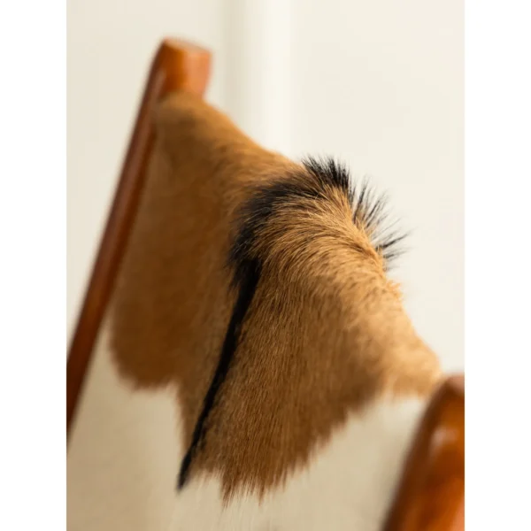 Goat Hide Teak Chair with Woven Seat, 62 cm in clay — in a room setting
