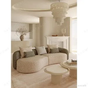 Cashew Curved Sofa in Olive and Beige Cotton Linen — in a room setting