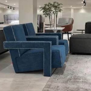 Selvedge Denim Armchair with Wraparound Arms in blue — front view