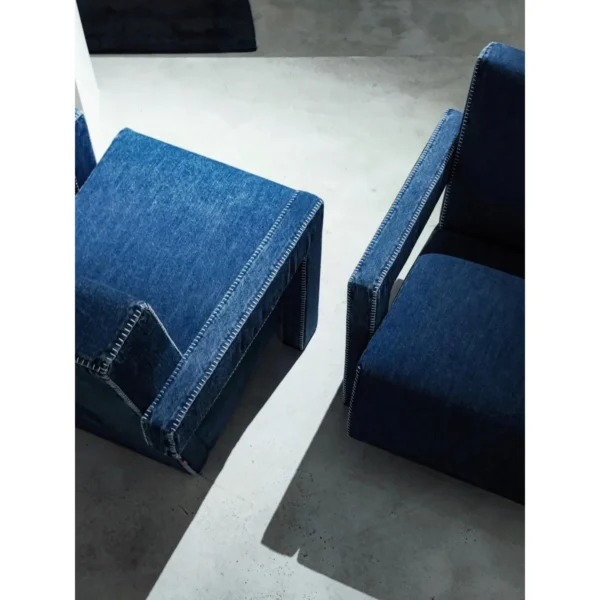 Selvedge Denim Armchair with Wraparound Arms in blue — in a room setting