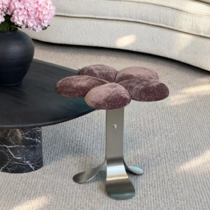 Petal Upholstered Stool on Curved Stainless-Steel Base in rose stone — front view