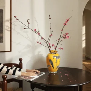 Yellow Ceramic Vase with Painted Zebras and Wide Mouth in mustard — front view