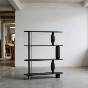 Ash Wood Minimalist Bookcase with Turned Sculptural Post in black — front view