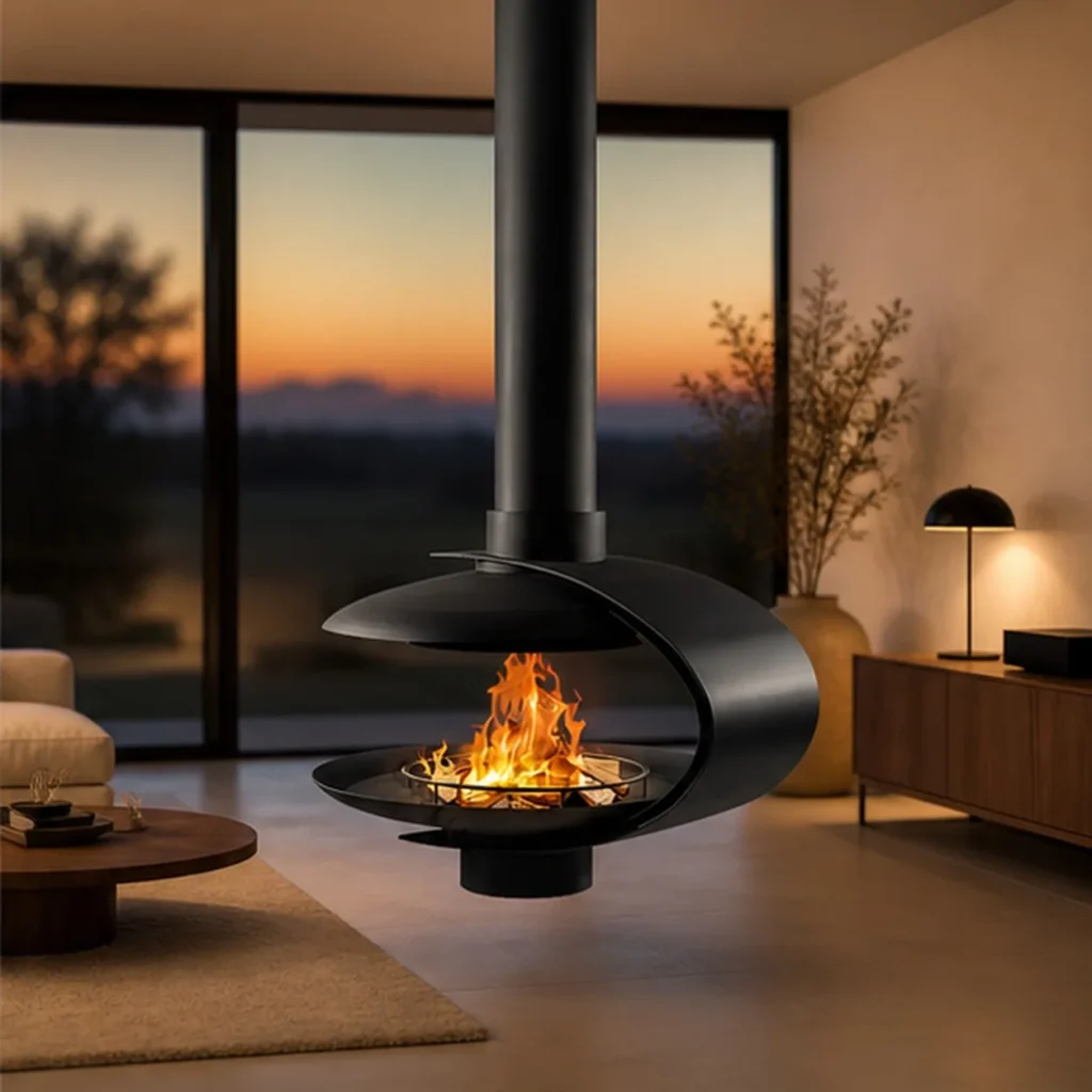 Velis Suspended Spiral Fireplace, 101 cm in black — front view