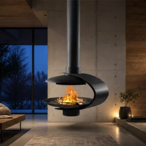 Velis Suspended Spiral Fireplace, 101 cm in black — in a room setting