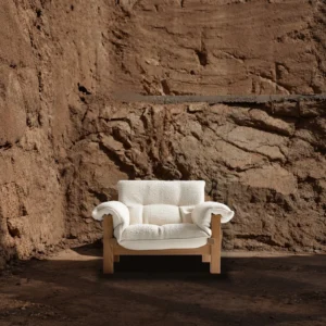 Velvet White Bouclé Lounge Chair on Pale Wood Frame in ivory — front view