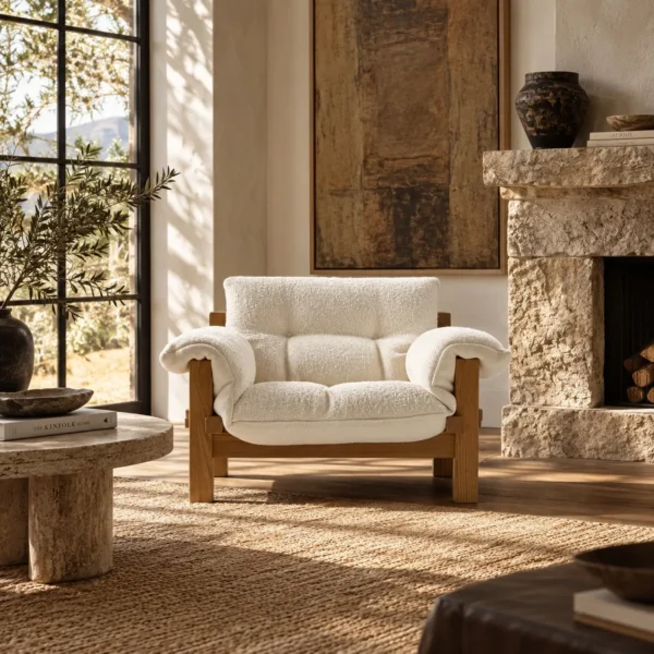 Velvet White Bouclé Lounge Chair on Pale Wood Frame in ivory — in a room setting