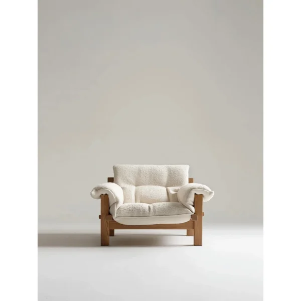 Velvet White Bouclé Lounge Chair on Pale Wood Frame in ivory — in a room setting