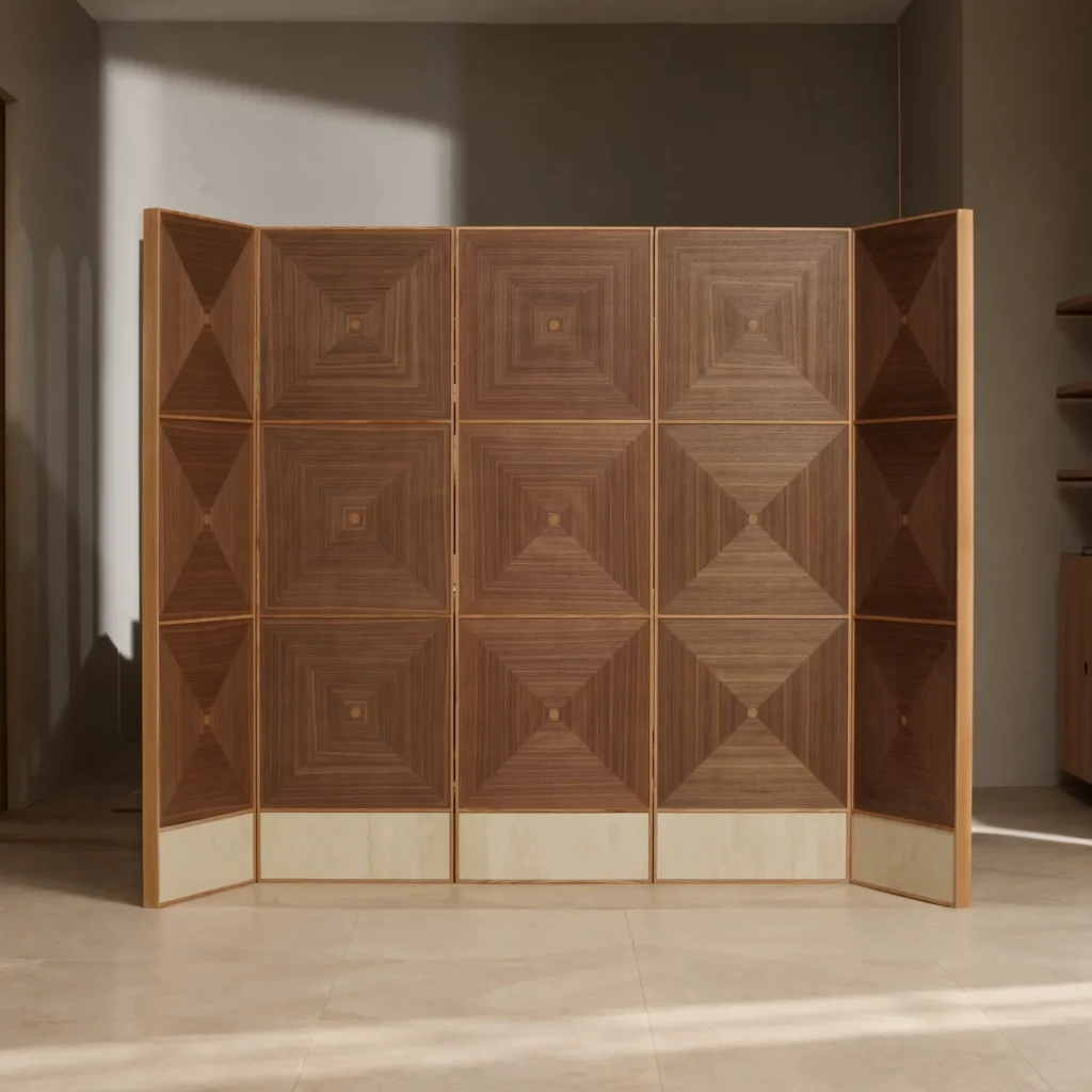 Marquetry Garden Two-Panel Folding Screen in natural oak — front view