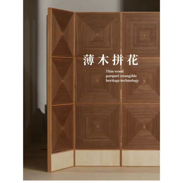 Marquetry Garden Two-Panel Folding Screen in natural oak — in a room setting