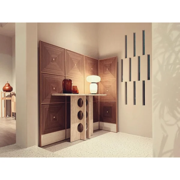 Marquetry Garden Two-Panel Folding Screen in natural oak — in a room setting