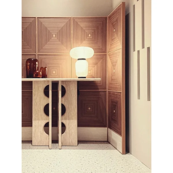 Marquetry Garden Two-Panel Folding Screen in natural oak — in a room setting