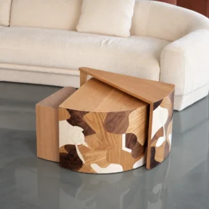 Veneer Marquetry Nesting Coffee Table Set with Oak Top in clay — front view