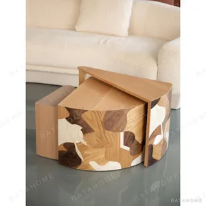 Veneer Marquetry Nesting Coffee Table Set with Oak Top in clay — in a room setting