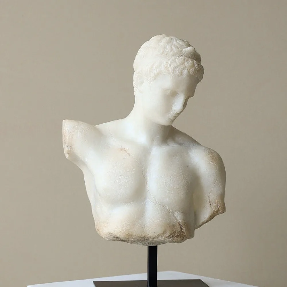 Classical Male Torso Bust Sculpture on Black Stand in ivory — front view