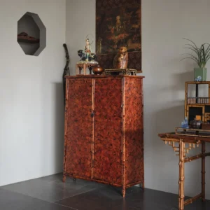 Vermilion Lacquer Bamboo Marquetry Double-Door Tall Cabinet in red — front view