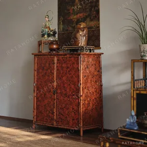 Vermilion Lacquer Bamboo Marquetry Double-Door Tall Cabinet in red — in a room setting