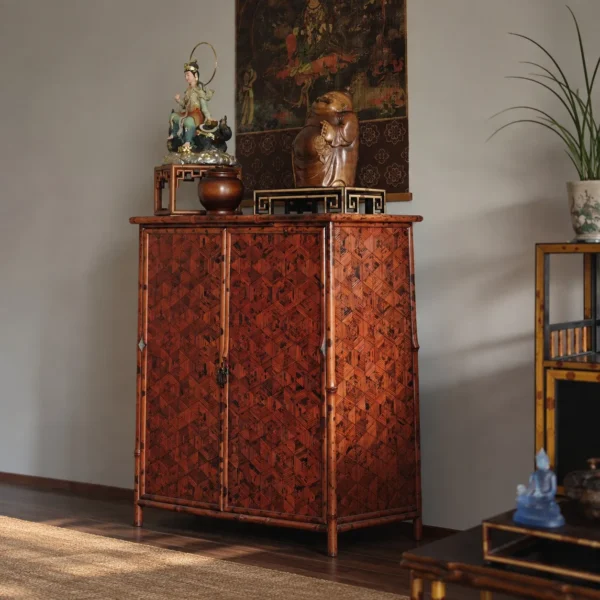 Vermilion Lacquer Bamboo Marquetry Double-Door Tall Cabinet in red — in a room setting