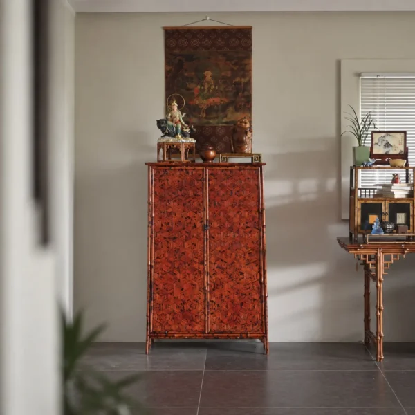 Vermilion Lacquer Bamboo Marquetry Double-Door Tall Cabinet in red — in a room setting
