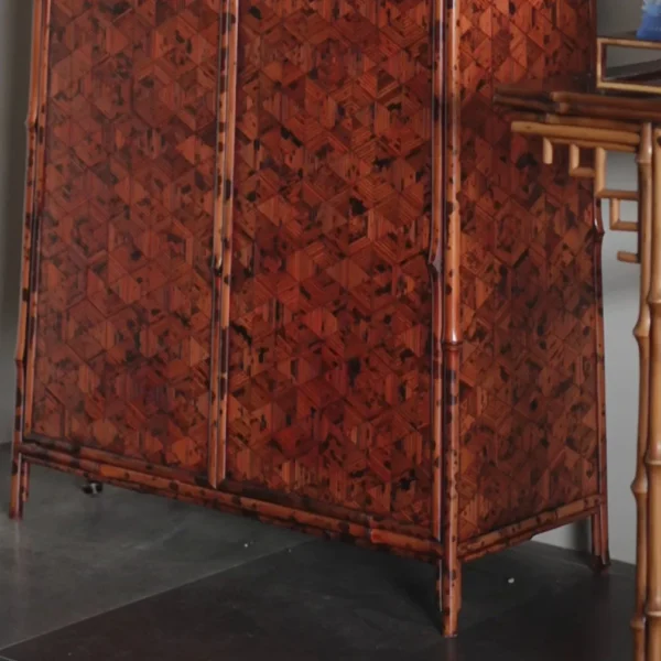 Vermilion Lacquer Bamboo Marquetry Double-Door Tall Cabinet in red — detail