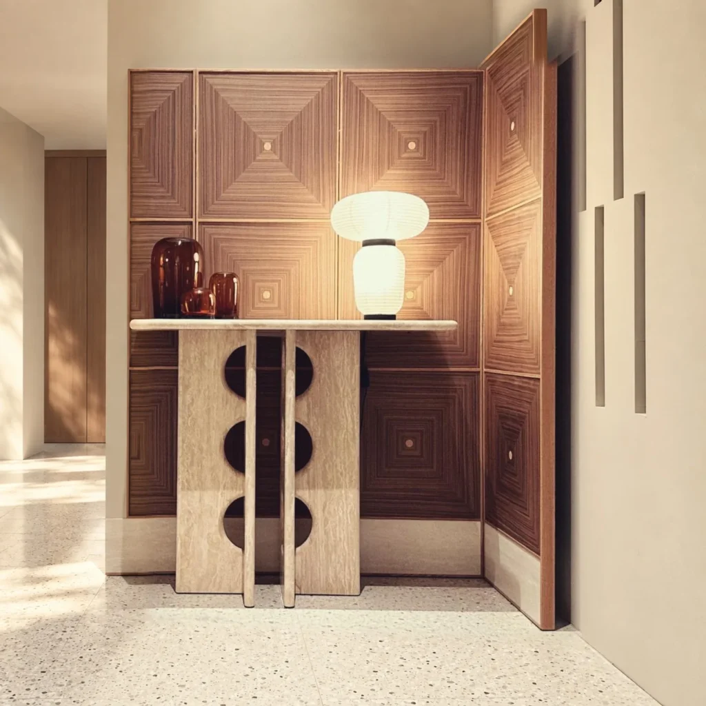 Walnut and Oak Marquetry Panel Screen in walnut — front view