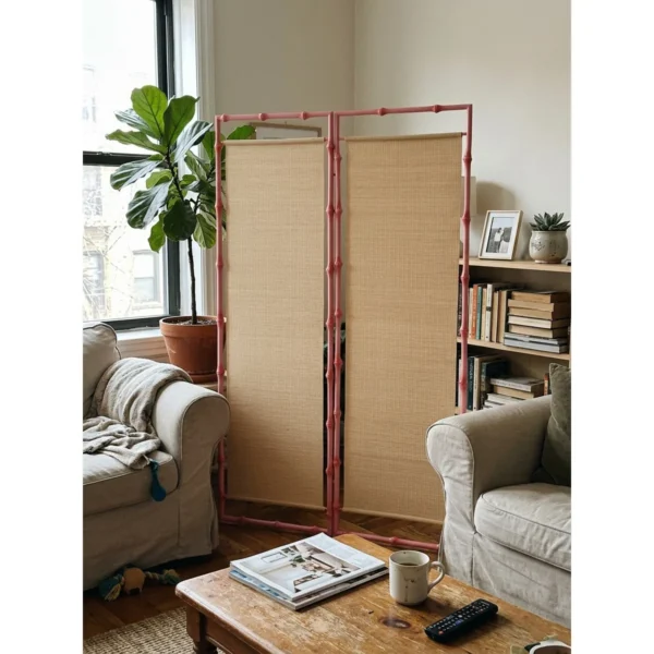 Pink Bamboo-Frame Two-Panel Folding Screen in rose stone — in a room setting