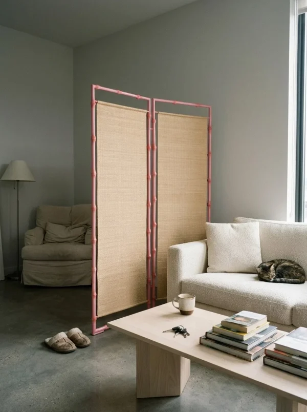 Pink Bamboo-Frame Two-Panel Folding Screen in rose stone — in a room setting
