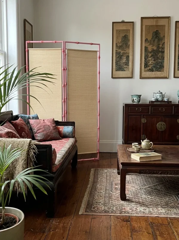 Pink Bamboo-Frame Two-Panel Folding Screen in rose stone — in a room setting